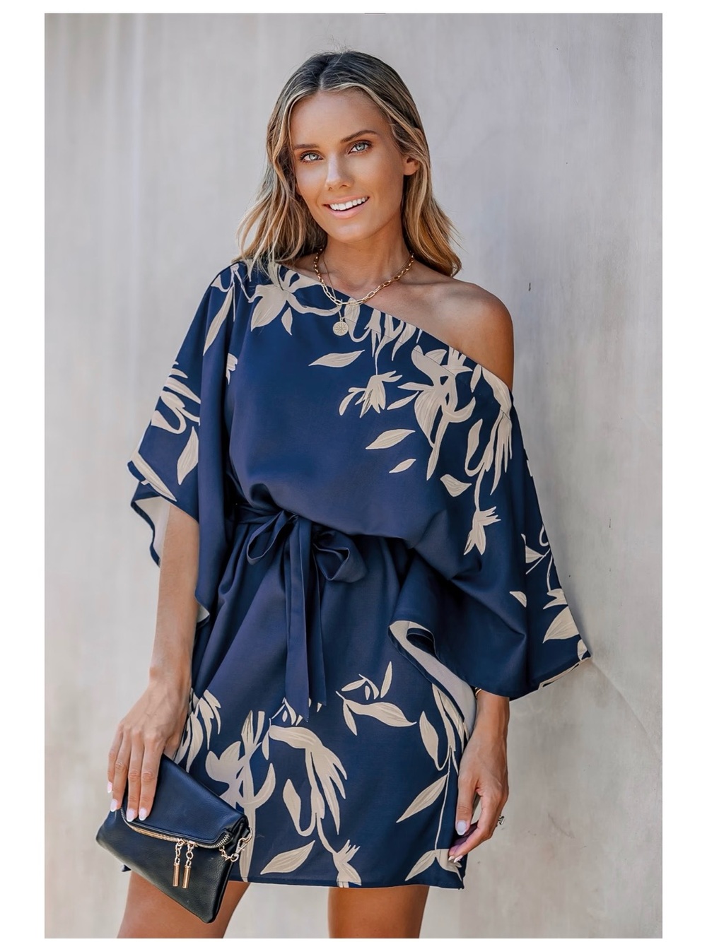 NWT Cupshe Leaf Print One-Shoulder Belted Mini Dress - Navy & Beige (Size Large)